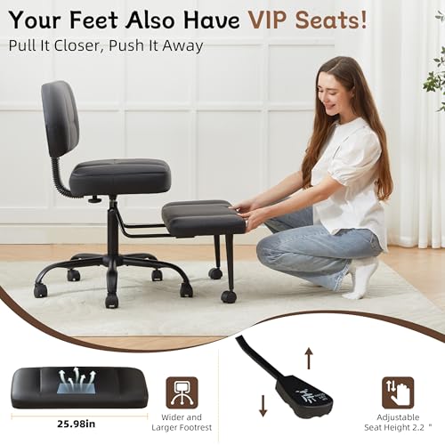 Image of Ergonomic Criss Cross Legged Office Chair, ADHD Chair, 360 Swivel Meditation Kneeling Chair with Wheels, Adjustable Footrest, Bigger & Wider Height Adjustable Seat, Strong Lumbar Support, Black PU