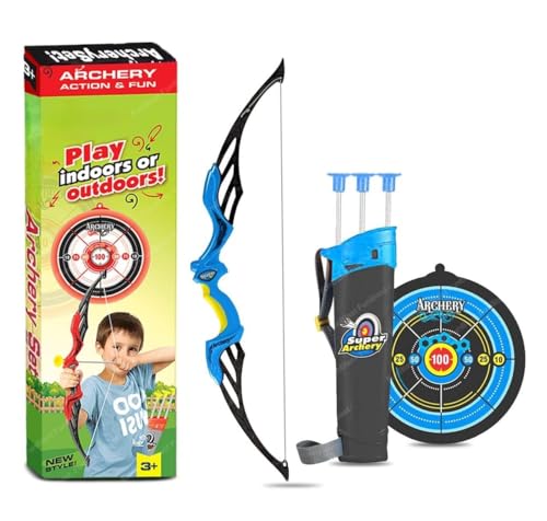 Image of Planet of Toys Kids Bow & Arrow Toy, Boys and Girls Basic Archery Set Outdoor Hunting Game with 3 Suction Cup Arrows, Target & Quiver (Blue