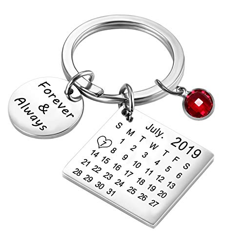 uwows Grabado personalizado personalizado Calendario fecha y mensaje llavero con piedra de nacimiento de acero inoxidable llavero y llavero aniversario regalo conmemorativo (Cuadrado-Plata) Cover