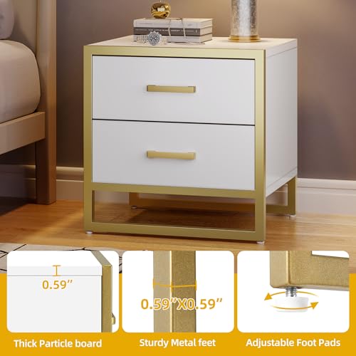 DWVO Night Stand, White and Gold Nightstand Bed Side Table with Drawers, Small Wood Nightstand Sofa Side Table Modern End Tables Bedroom, White