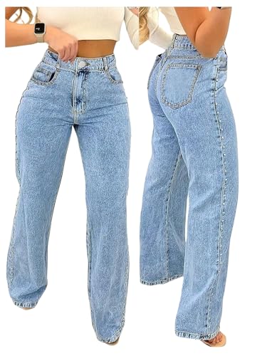 WDIRARA Women's High Waisted Rivet Jeans Streetwear Straight Leg Denim Pants