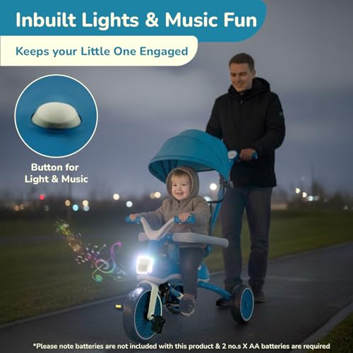 Image of R for Rabbit Tiny Toes Karizma Tricycle for Kids with Light & Music, Parental Control, EVA Wheels, Foldable Footrest, Comfy Seat with Backrest, Baby Trike Cycle for 2-5 Years, Up to 25kg (Blue Grey)