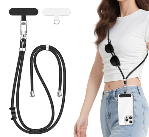 ivoler Cordon Telephone Portable Réglable, Avec 2 Patchs Durables and Boucle en Cuir Noir pour Accrocher des écouteurs Sans Fil, Des clés, des Lunettes de...