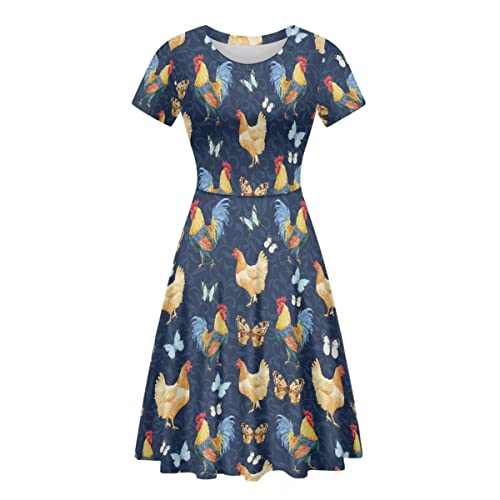 ENLACHIC Vestido casual de manga corta con estampado floral de animales para mujer, acampanado, talla grande, Flor de Gallo, Large