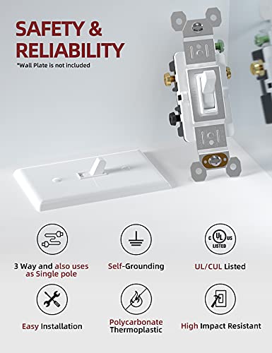 Aida 15 Amp 3 Way Quiet Indoor Toggle Switch Self-Grounding On Off Toggle, Residential Grade, Ul Listed, Quickwire Push-In & Side Wired (White, 10 Pack) #TOP1