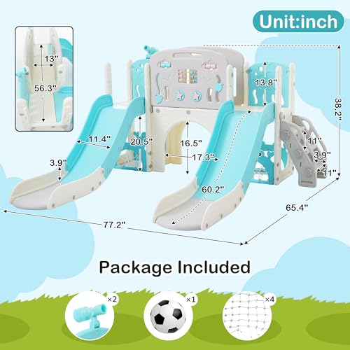 Merax Undersea Adventure Toddler Slide, 8-in-1 Kids Indoor Outdoor Playset with Double Slides, Basketball Hoop & Telescope, Outdoor Indoor Playground Slide for Toddlers 1-3 - Thumbnail 3