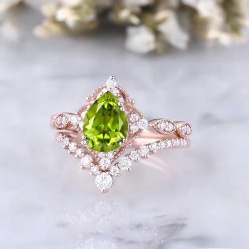 1.5ct Pear Shaped Gemstone Engagement Rings for Women 10K 14K 18K White Yellow Rose Gold Gemstone Wedding Ring Set Bridal Set 2pcs Vintage Inspired V Shaped Wedding Band Anniversary4