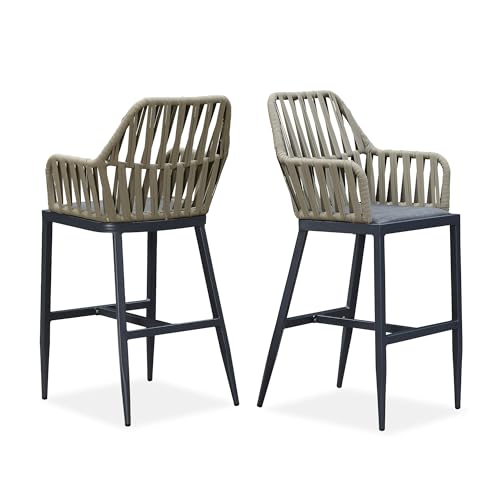Image of PURPLE LEAF Bar Stool Set of 2 Bar Height Stools with Back Modern Bar Chairs Wicker Woven Tall Barstools Dark Grey Bar Stool Chairs