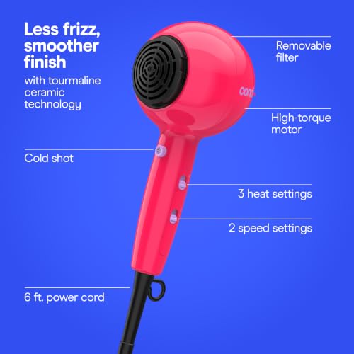 Image of Conair Cake Pop Hair Dryer with Diffuser & Concentrator Attachments, Blow Dryer, Hair Dryers for Women, Tourmaline Ceramic Technology, 3 Heat /2 Speed Settings, Compact Hair Dryer w /Concentrator, Pink