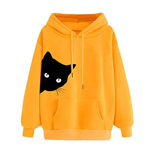 Covermason Sweat Femme avec Capuche Chat Imprimer Sweatshirt à Capuche Grande Taille Manche Longue Hoodie Pullover Tops Blouse Femme Sweat à Capuche (L, Jaune)