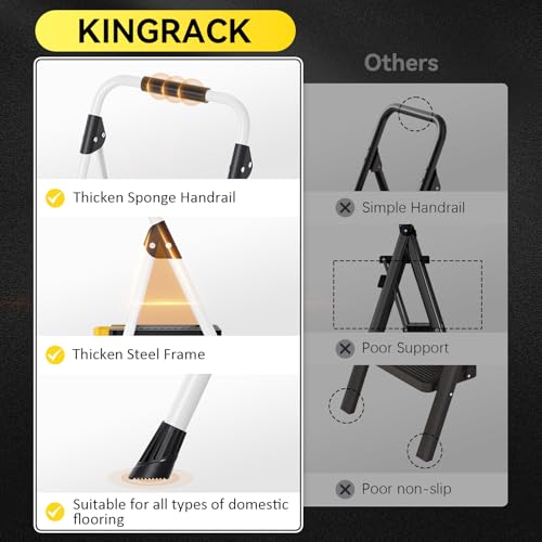 KINGRACK 3-Step Folding Ladder with Safety Lock and Handrail, 800lbs Capacity, Lightweight Design for Home and Office Use