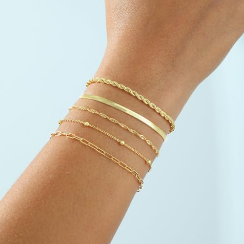 Gold Bracelets for Women ，Waterproof 14k Gold/Silver Plated Stackable Bracelet Set Non Tarnish Trendy Gold Jewelry Dainty Layered Figaro Rope Beads Paperclip Thin Link Chain Gifts for women2