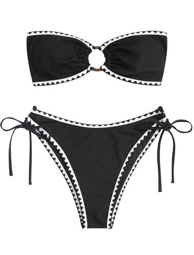 Image of ZAFUL Women's Bandeau Bikini O Ring Strapless Tie Back High Cut Two Piece Swimsuit Bathing Suits