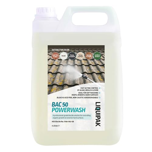 Liquipak BAC 50 5L Benzalkonium Chloride Concentrated powerful outdoor cleaner for roof cleaning soft washing patios decking paths & general exterior cleaning.