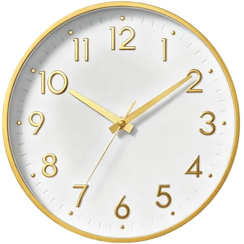 Image of Mosewa Wall Clock 10 Inch, Battery Operated Silent Non-Ticking Modern Analog Clock Decorative for Kitchen, Bedroom, Office, Living Room(White Gold)