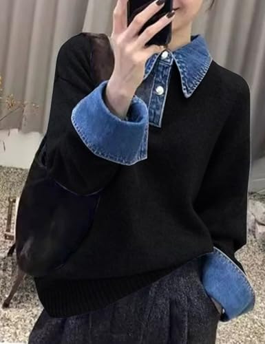 Image of Womens Denim Lapel Sweater Oversized Long Sleeve Button Down Polo Knit Pullover Sweaters 2025 Fall Outfits