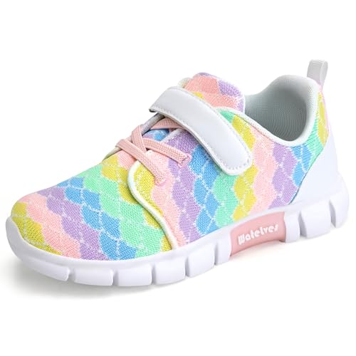 WateLves Zapatillas de deporte para niña, zapatillas deportivas para niños, zapatillas de correr, zapatos de interior, cierre de velcro, zapatillas para jóvenes, Escamas de peces arco iris A, 35 EU