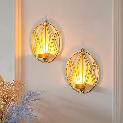 Sziqiqi Set of 2 wall candle holders for living room, wall sconces for pillar candles or tea light, Metal metal candelabra for Living Room Bedroom, for Wedding Bedroom Decor, Gold