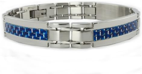 Stainless Steel Men's Link Bracelet w/ Blue Carbon Fiber Inlay 8.5"