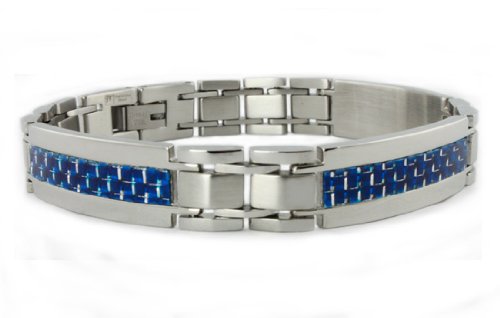 Stainless Steel Men s Link Bracelet w  Blue Carbon Fiber Inlay 8.5 