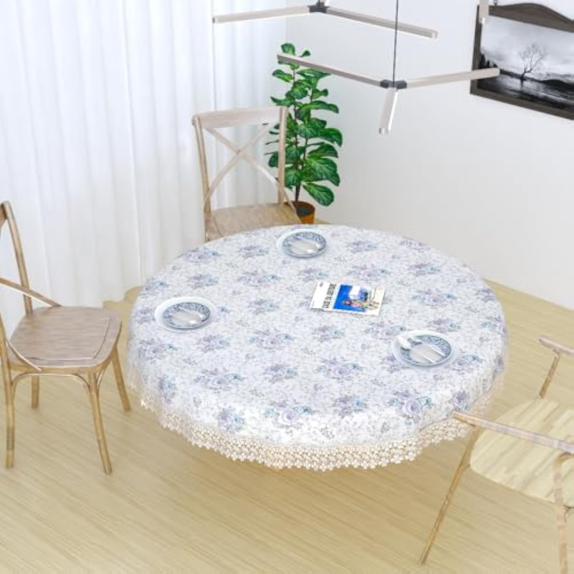 Jute Printed Round Table Cover for 4 Seater, Decorative Design