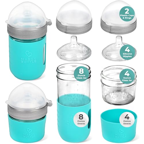 Image of Mason Bottle Baby Glass Bottles Gift Set - Includes 8oz & 4oz Anti Colic Glass Baby Bottles, Slow & Medium Flow Nipples, Caps+Rings, Silicone Sleeves - BPA Free Glass Feeding Bottles for Babies