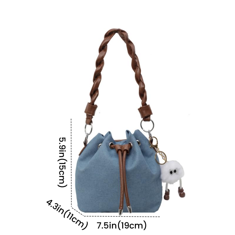 FUNSEED Crossbody Bag for Women, Casual Denim Drawstring Tote Shoulder Bucket Bag with Charms2