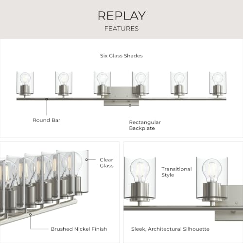 Image of Progress Lighting Replay 48 Inch 6-Light Vanity Light, Transitional, Brushed Nickel with Clear Glass Shades, (7.875 inch H x 48 inch W x 6 inch D), P300585-009