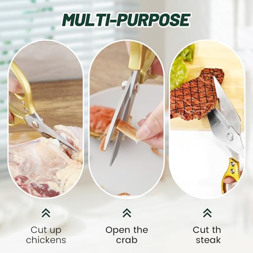 Multifunctional Heavy-Duty Kitchen Shears, Heavy Duty Kitchen Scissors for Food with Ergonomic Handle, Stainless Steel Poultry Shears Culinary Scissors for Chicken Meat Seafood Bone Cutting (Gold)