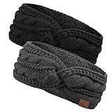 Damen Gestrickt Stirnband - Mädchen Ohrenwärmer Gefüttert mit Fleece, Haarband Elastische Kopfband Stirnbänder für Damen/Frauen/Mädchen 2 Stück (Schwarz1+Grau1)