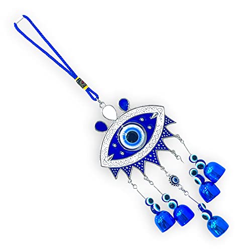 Image of AUGEN Evil Eye Wall Hanging Eye Shape 5 Bells Design Blue Ornament for Home Office Shop Decor (13 Inches, 28)