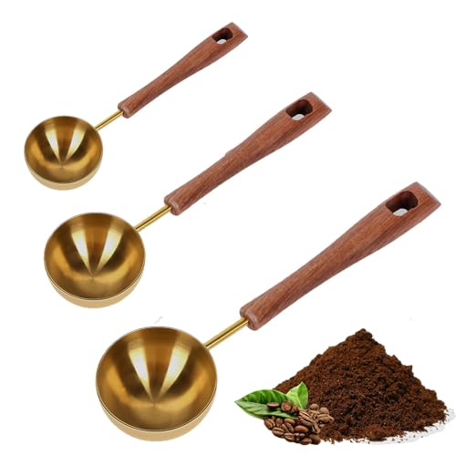 Conjunto de 3 colheres de café retro de aço inoxidável com cabo de madeira de -rosa, colheres de medição de 25 ml/8 ml/4 ml, para grãos de café ou chá, ouro escovado