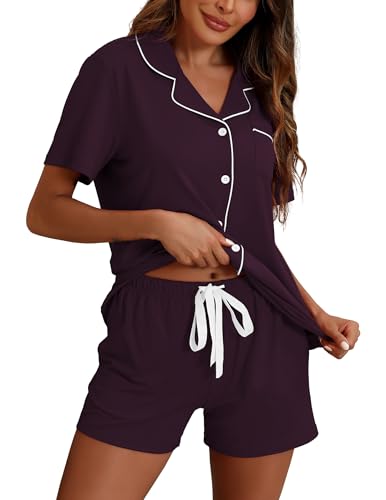 Image of ZMJ Pajamas for Women Set 2 Piece Pj Short Sets Bride Sleepwear Button Up Prune XL Purple