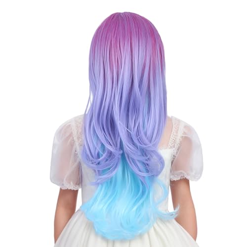 Image of Rainbow Wig for Kids Long Colorful Middle Part Wig for Girls Multi-color Wavy Curly Wigs for Children Purple Pink Wigs Heat Resistant Synthetic Hair with Cap