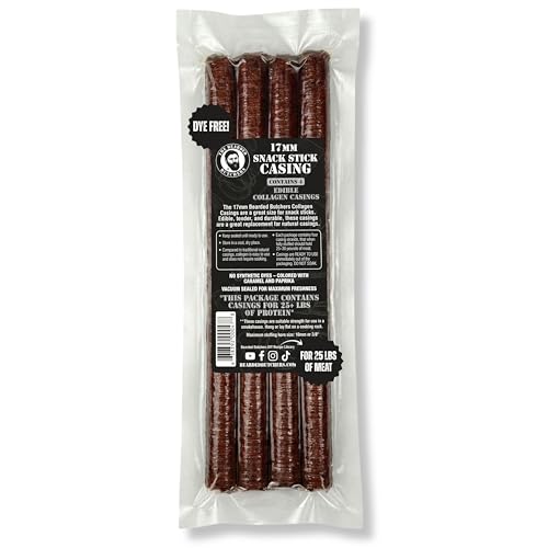Bearded Butchers Edible 17mm Mahogany Collagen Casings (4-Pack) – Holds 25lbs of Beef, Pork or Venison – Edible Dye-Free Casings for Snack Sticks & Pepperoni – Ready to Use, No Soaking Required