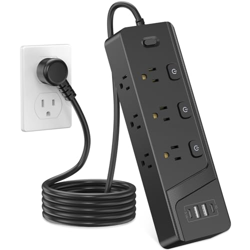 Image of HITRENDS Power Strip with 6 AC Outlets and 4 USB Ports (2 USB-A & 2 USB-C), Dual Control Switches, 6 Ft Flat Plug Extension Cord with Multiple Outlets, Overload Protection, 10A /1250W, Black