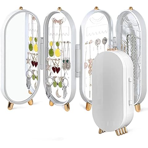 BRIAN & DANY Jewellery Box Storage Stand, Earring Display Organizer Holder with Mirror and 4 Doors, Foldable Screen for Women Hanging Necklace, White Cover