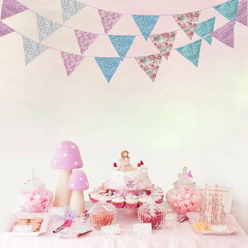 Image of Zwiebeco 32Ft Pink Blue Purple Floral Fabric Bunting Triangle Flag Cotton Flower Pennant Banner Decoration for Birthday Wedding Engagement Baby Shower Tea Party Spring Rustic Village Home Garden Decor
