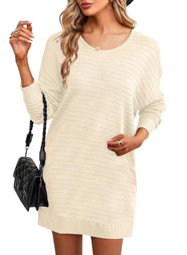 Dokotoo Women's 2025 Casual Crewneck Long Puff Sleeve Drop Shoulder Dress Soft Knit Bodycon Pullover Mini Sweater Dress Fall Dresses for Women 2025 Knitted Short Sweater Dresses Large Beige