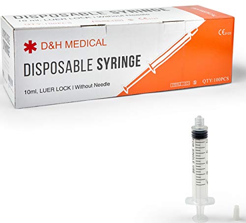 Disposable Luer Lock 10ml Syringes 100-Pack (No Needles) | Individually Packed Luer-Lock Tip Syringe Set | Luer Lok Medicine Syringes for Doctors & Vets | Value Pack