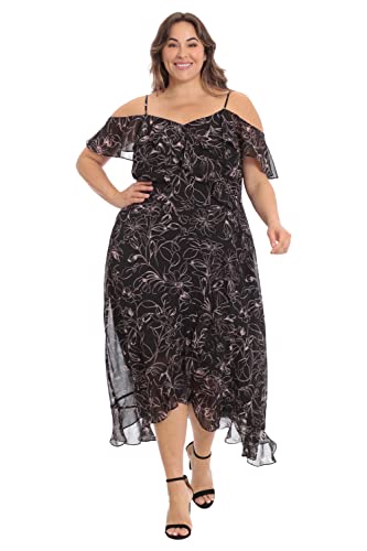 London Times Women's Floral Printed Cold Shoulder Faux Wrap Hi-Low Maxi Dress With Ruffle Details, Black/Blush #TOP3