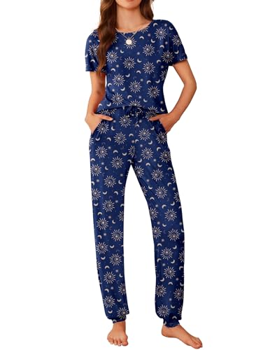 Image of Ekouaer Womens Pajama Sets Short Sleeve Lounge Sets for Women Printed Jogger Pajama Set 2 Piece Pj Sets With Pockets S-XXL