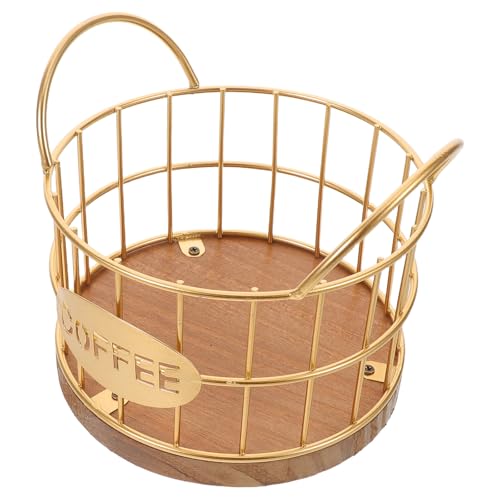 Genérico Cesta Metálica Organizadora para Cápsulas de Café con Base de Madera Dorada, Estante Versátil para Cocina y Restaurante, Almacenamiento Portátil para Frutas y Café Espresso,