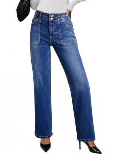 EVALESS Women's Wide Leg Jeans High Waisted Straight Leg Jeans Trendy Stretchy Loose Zimbaplatinum Denim Pants with Pockets