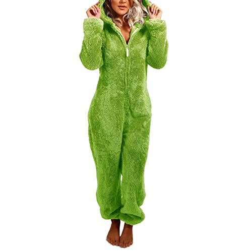 Yassiglia Damen Herbst Winter Elegant Overall Einteiler Fleece Pyjama Warm Plüsch Schlafanzug Frauen Nachtwäsche Langarm Hooded Jumpsuit Homewear S-5XL (Grün, M)