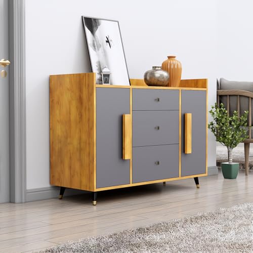 Image of Bniture Wooden Sideboard Cabinet for Living Room | Wooden Storage Cabinet with 2 Door & 3 Drawer | Engineered Wood Multipurpose Cabinet with Spacious Shelves for Home | Giant Wood & Slate Grey