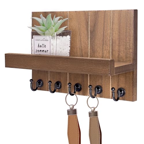Kldgris portachiavo in legno con 5 ganci, ripiano, scaffale decorativo da parete, per ingresso, porta di casa, corridoio, camera da letto, marrone