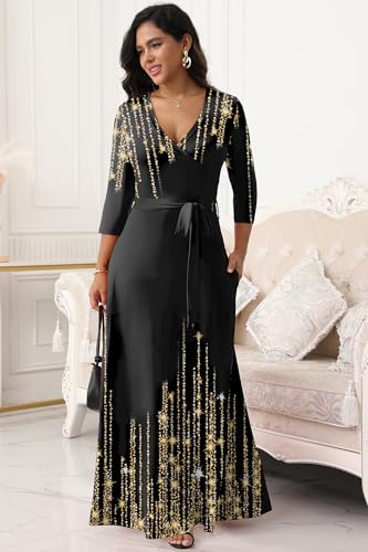 Image of FANDEE Plus Size Maxi Dress for Women Casual Summer Sundress V-Neck 3 /4 Sleeve