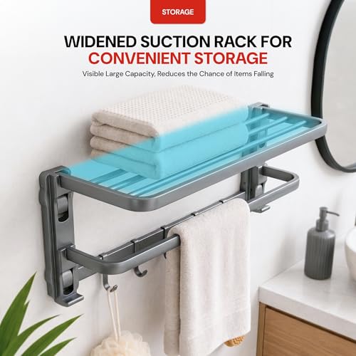 Image of Amazon Basics Suction Towel Rack for Bathroom | Rustproof Wall - Mounted Towel Holder with Hooks | Strong Vacuum Grip, No Drilling Required Grey