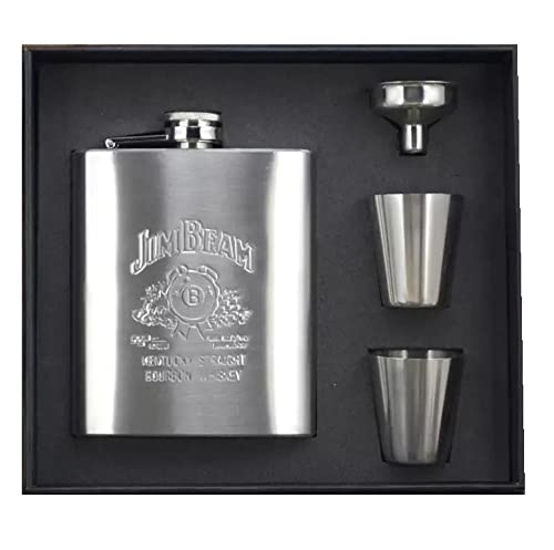 Image of AUGEN Hip Flask Stainless Steel Leak Proof Jim Silver Beam Leather Stiched 7oz (210ml) Liquor Pocket Flasks or Alcoholic Beverage Holder Set with Two Shot Glasses and Funnel Gift Set
